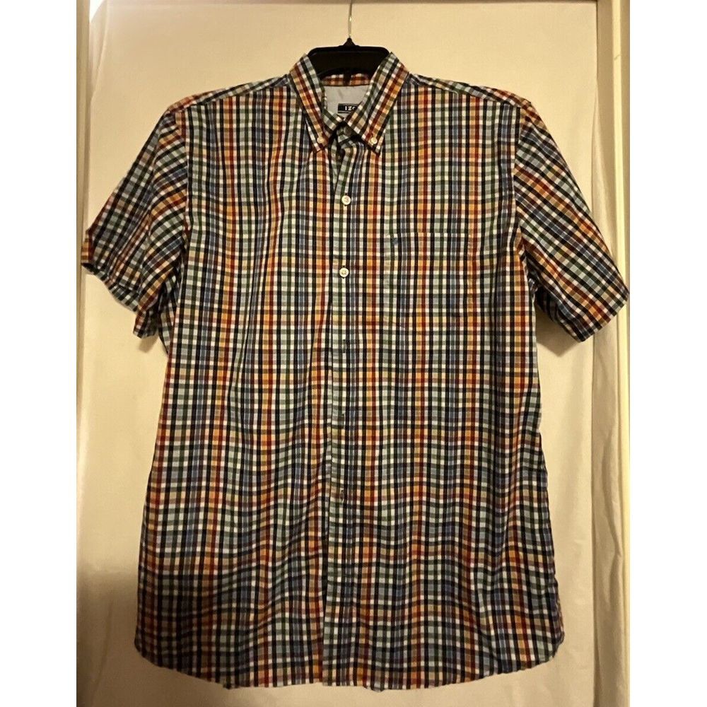 IZOD Dark Plaid Button Up‎ Short Sleeve Mens Size Large
